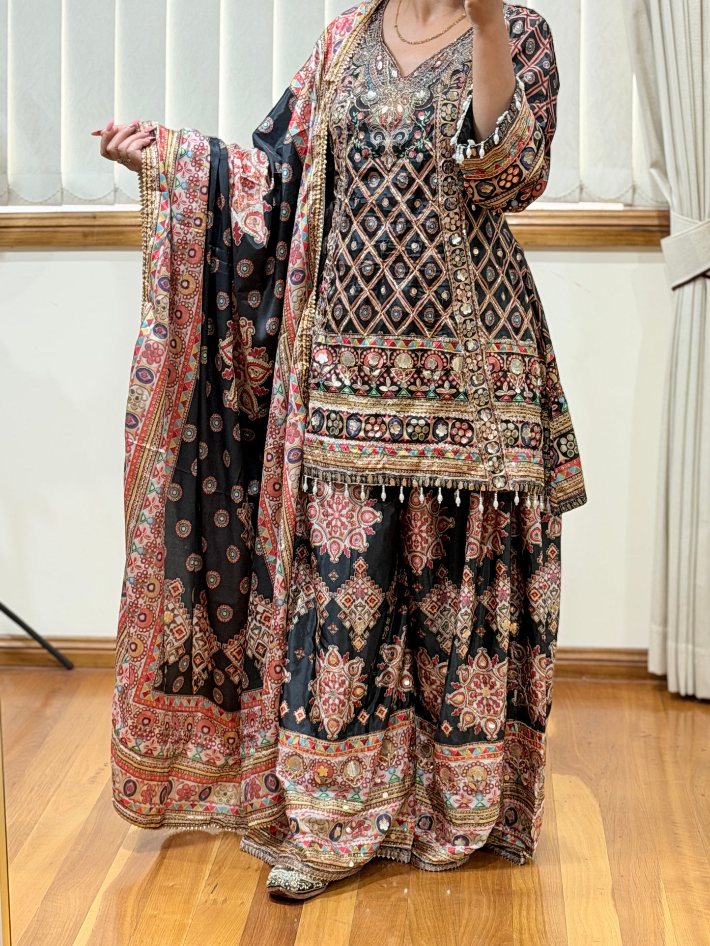 Elegant Sharara Suit with Intricate Aari & Gota Detailing