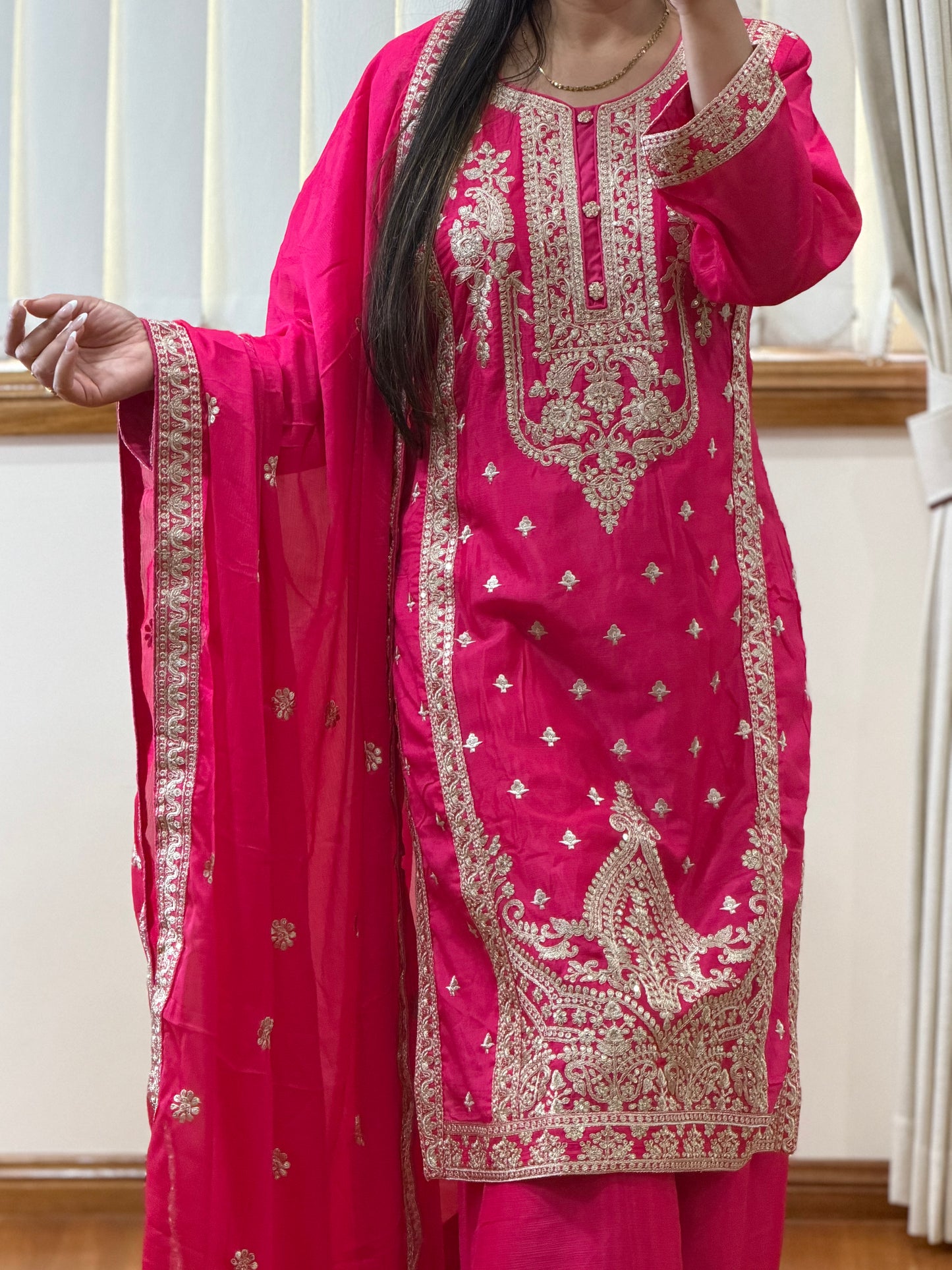 Premium Chinon Silk Heavy Embroidered Suit Set ( Ready size 44 with margin upto 46)