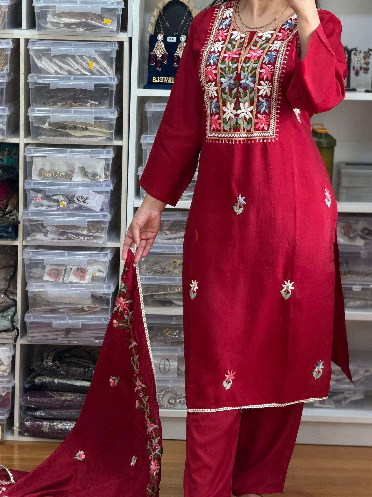 Maroon Roman Silk Embroidered Suit