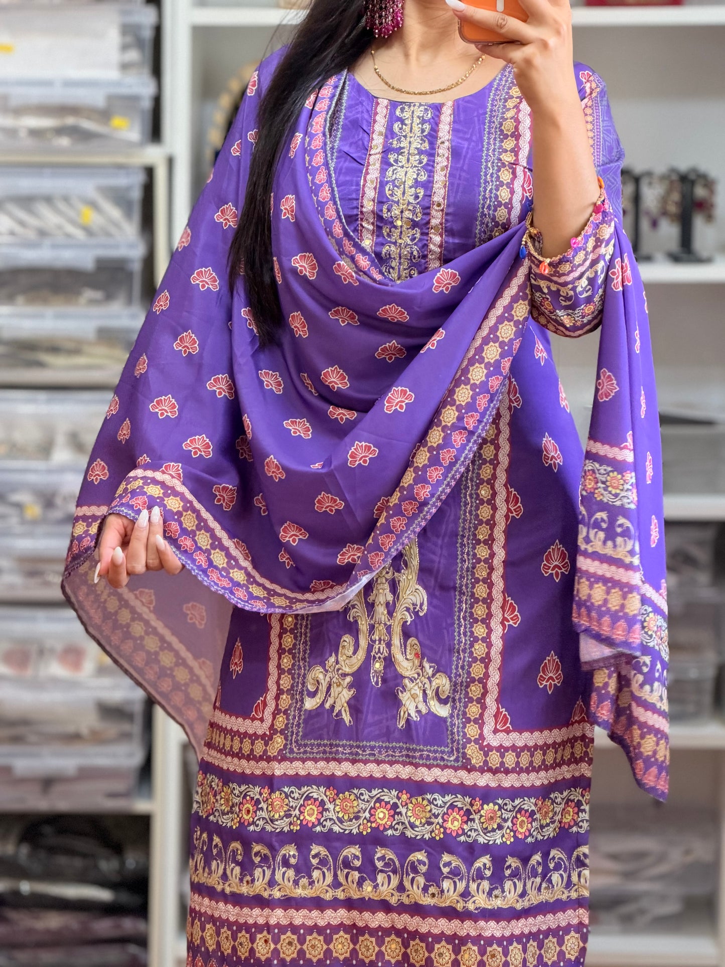 Lavender Digital Printed Crepe Silk Suit with Mirror & Tilla Work