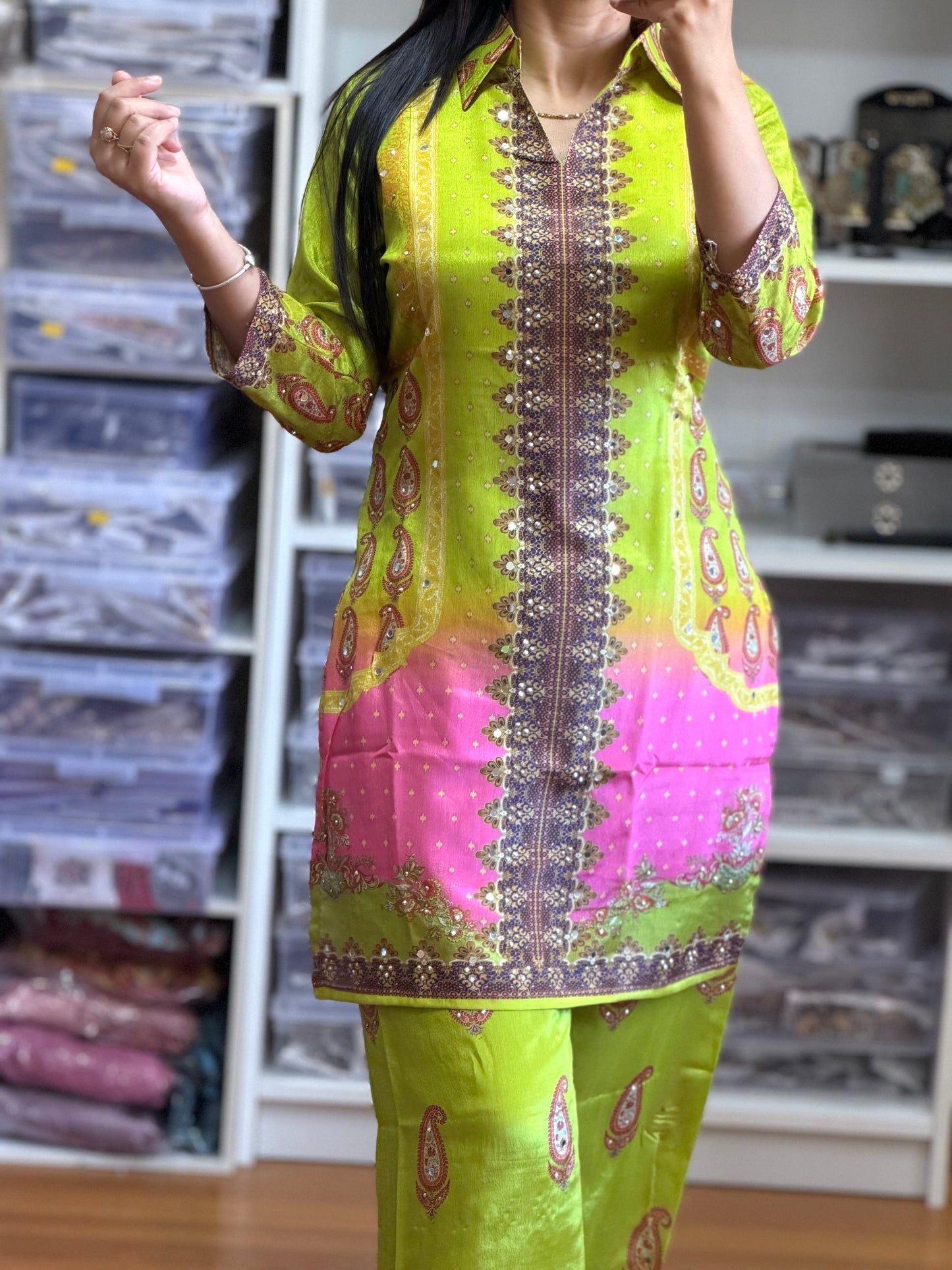 Premium Chinon Mirror Work Cord Set with Digital Print Bottom