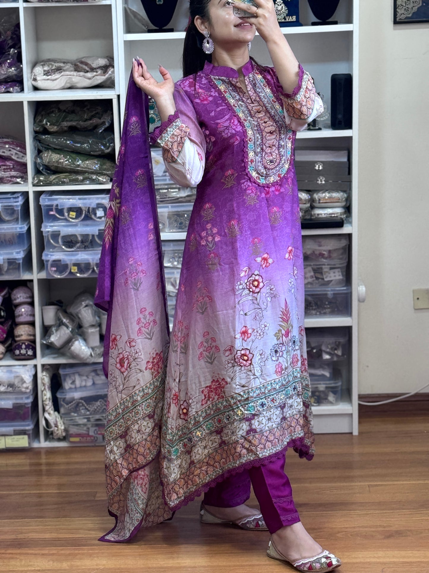 Pure maslin with hand work and digital print suit