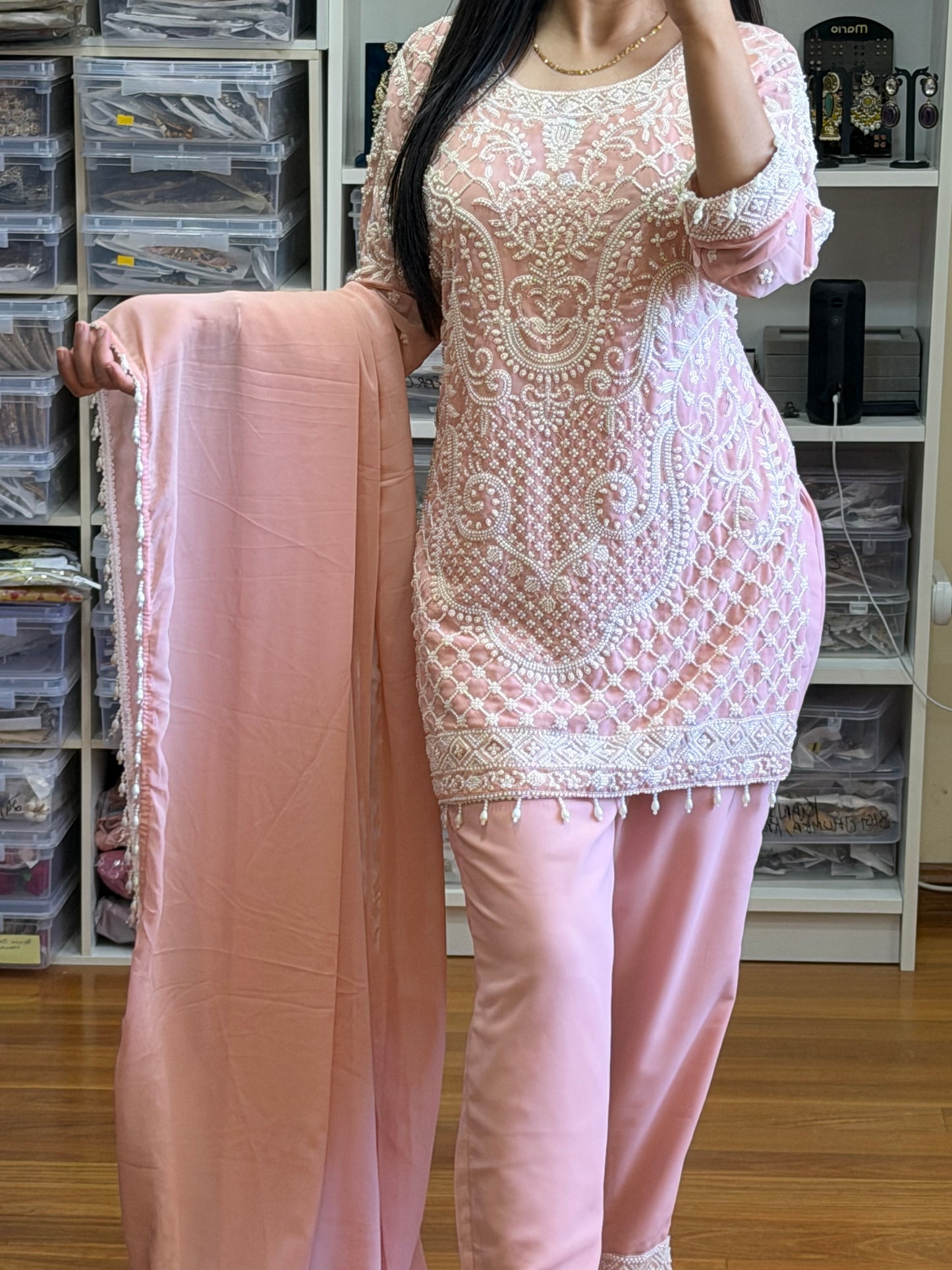 Premium Pearl Embellished Suit for Special Occasions(Ready size 43 with margin up to 46)