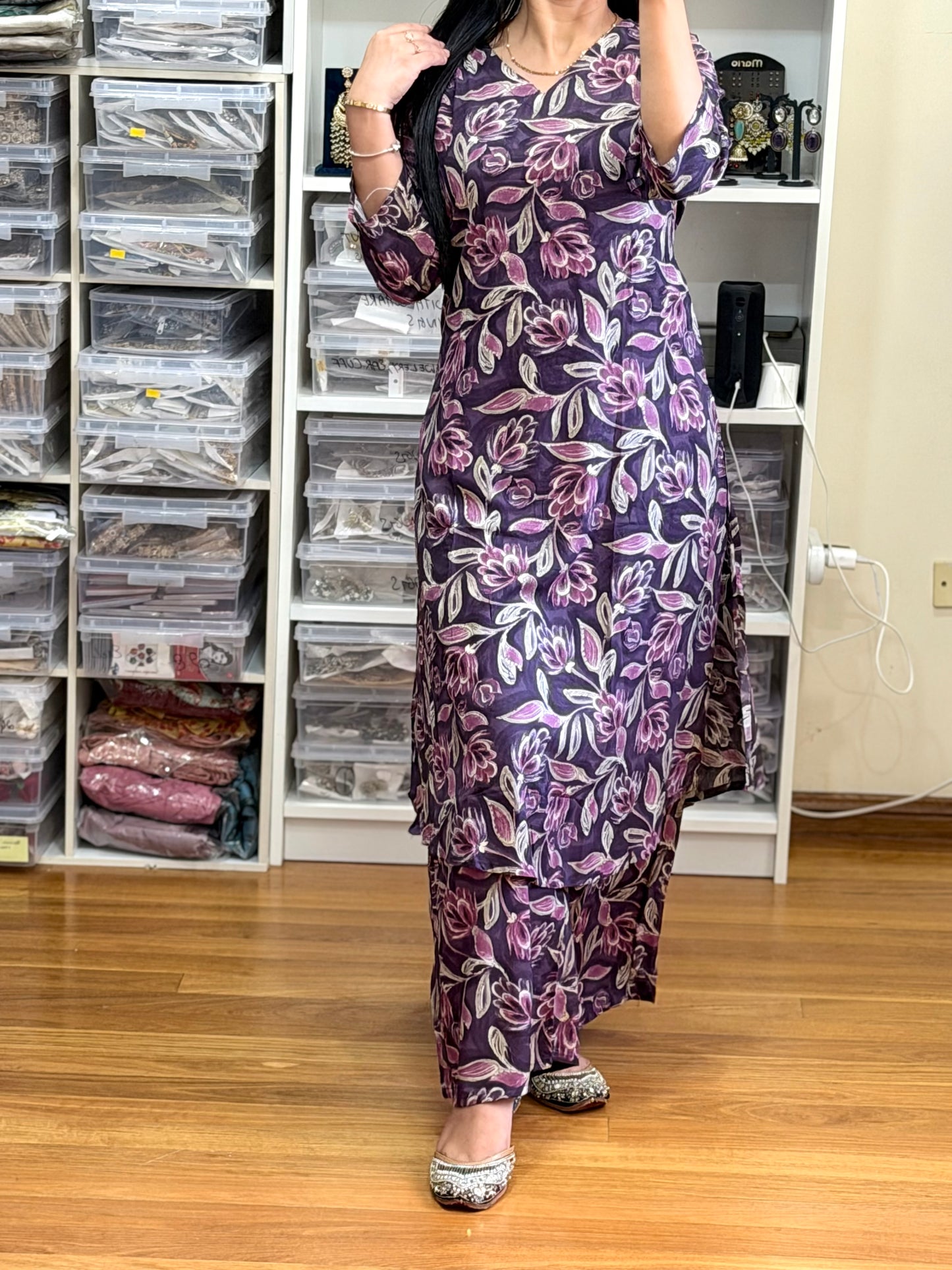 Elegant plum purple cotton cord set with beautiful floral print