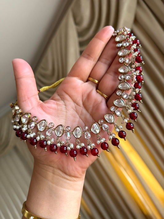 Premium tyani with polki necklace set( Mehroon)