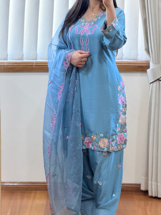 Premium Satin Rayon Embroidered Suit Set with Farshi Salwar