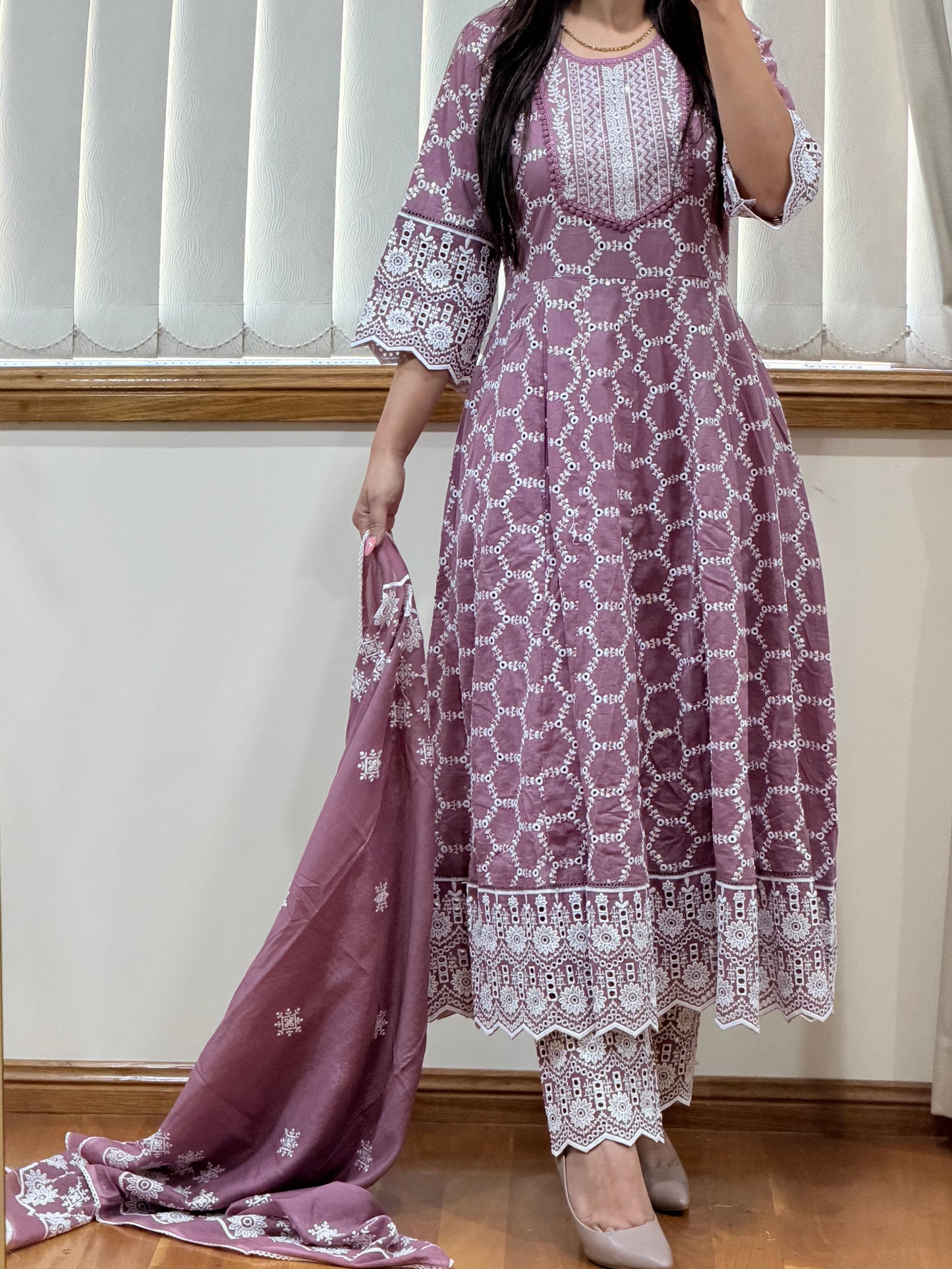Pure cotton chikankari anarkali suit