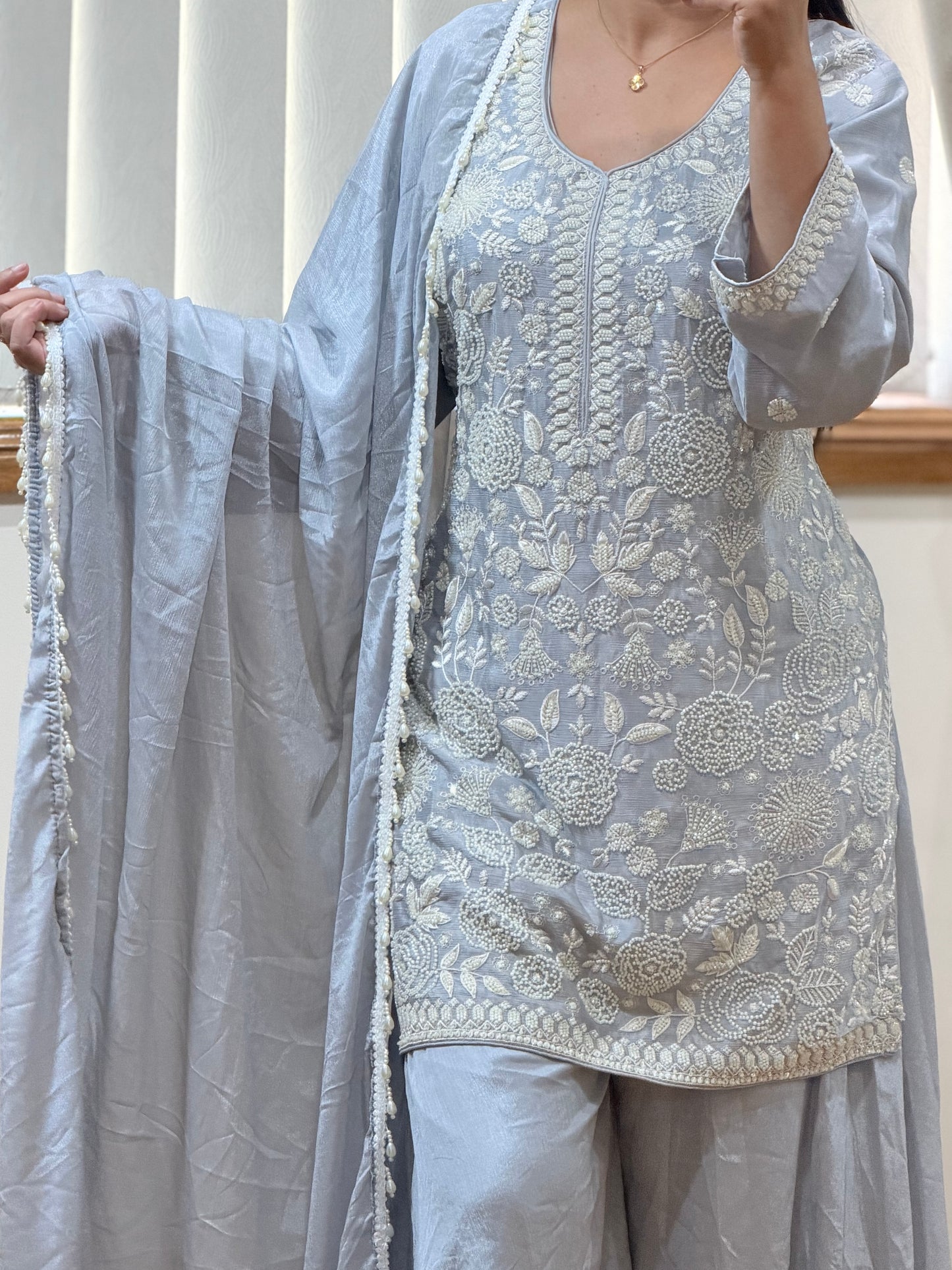 Premium Pure Chinon Heavy Beads Work Sharara Suit(Powder Blue / Ice Blue )
