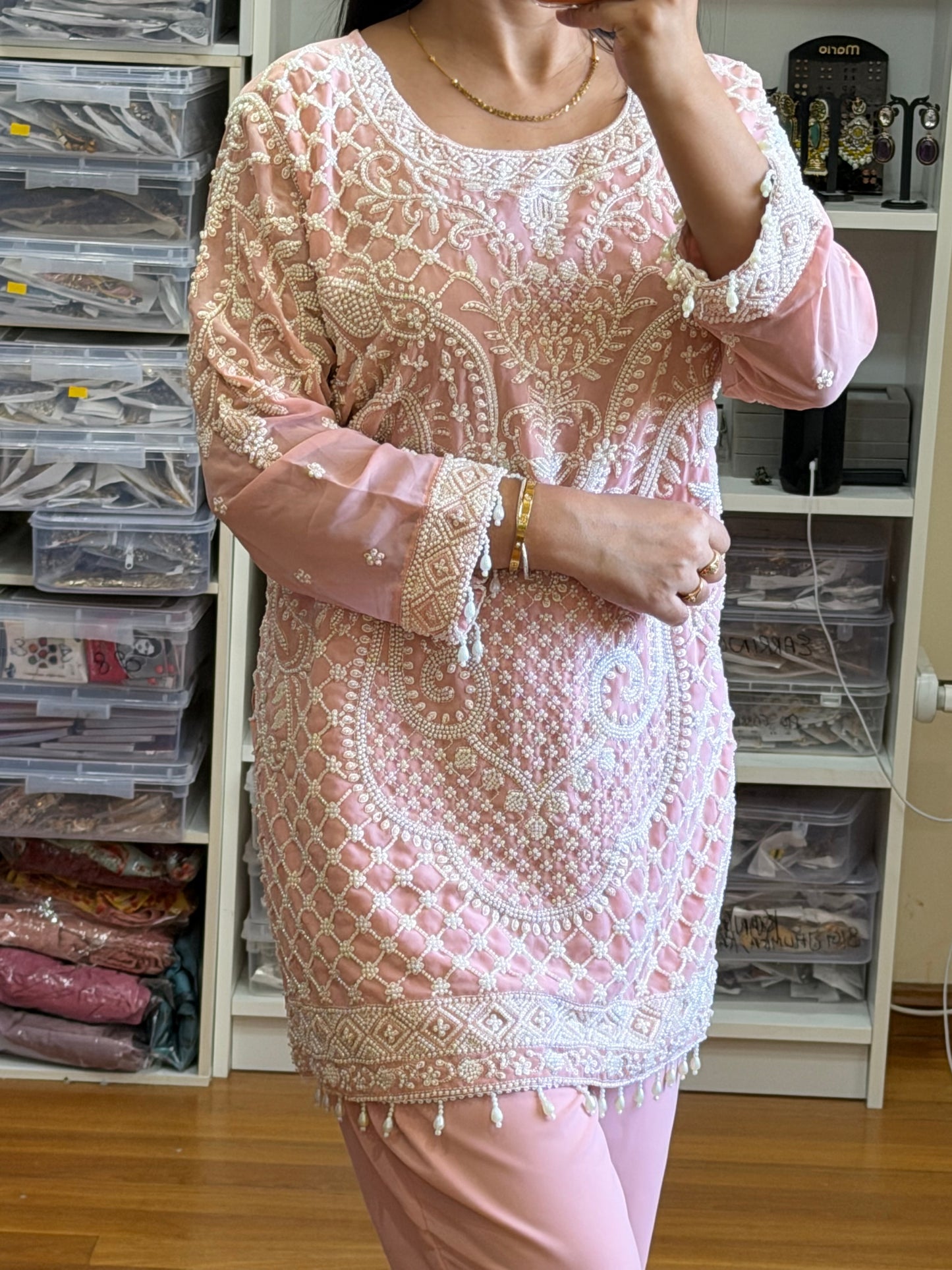 Premium Pearl Embellished Suit for Special Occasions(Ready size 43 with margin up to 46)