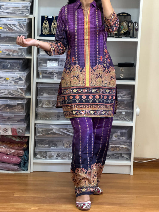 Premium Chinon Mirror Work Cord Set with Digital Print Bottom