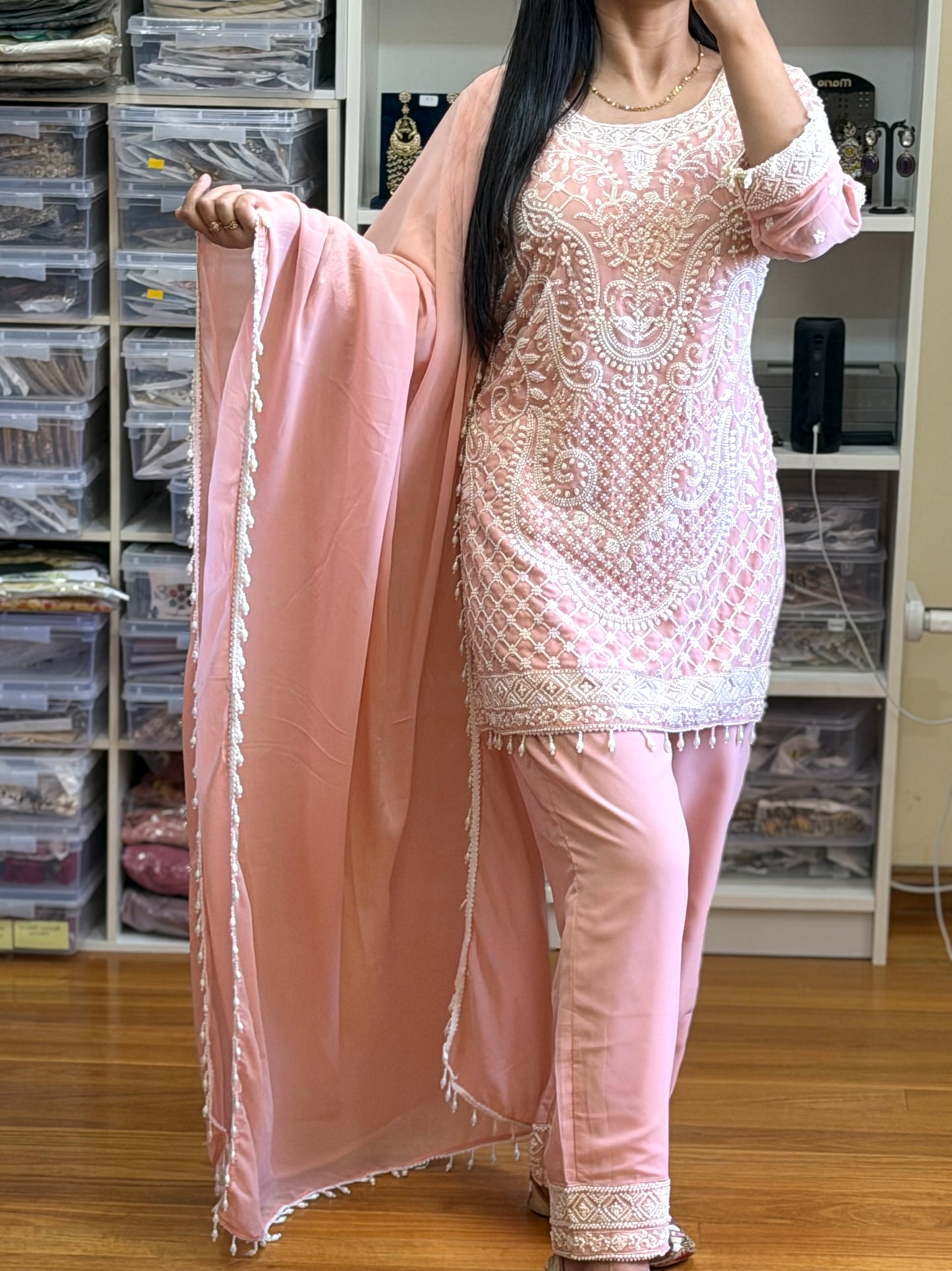 Premium Pearl Embellished Suit for Special Occasions(Ready size 43 with margin up to 46)