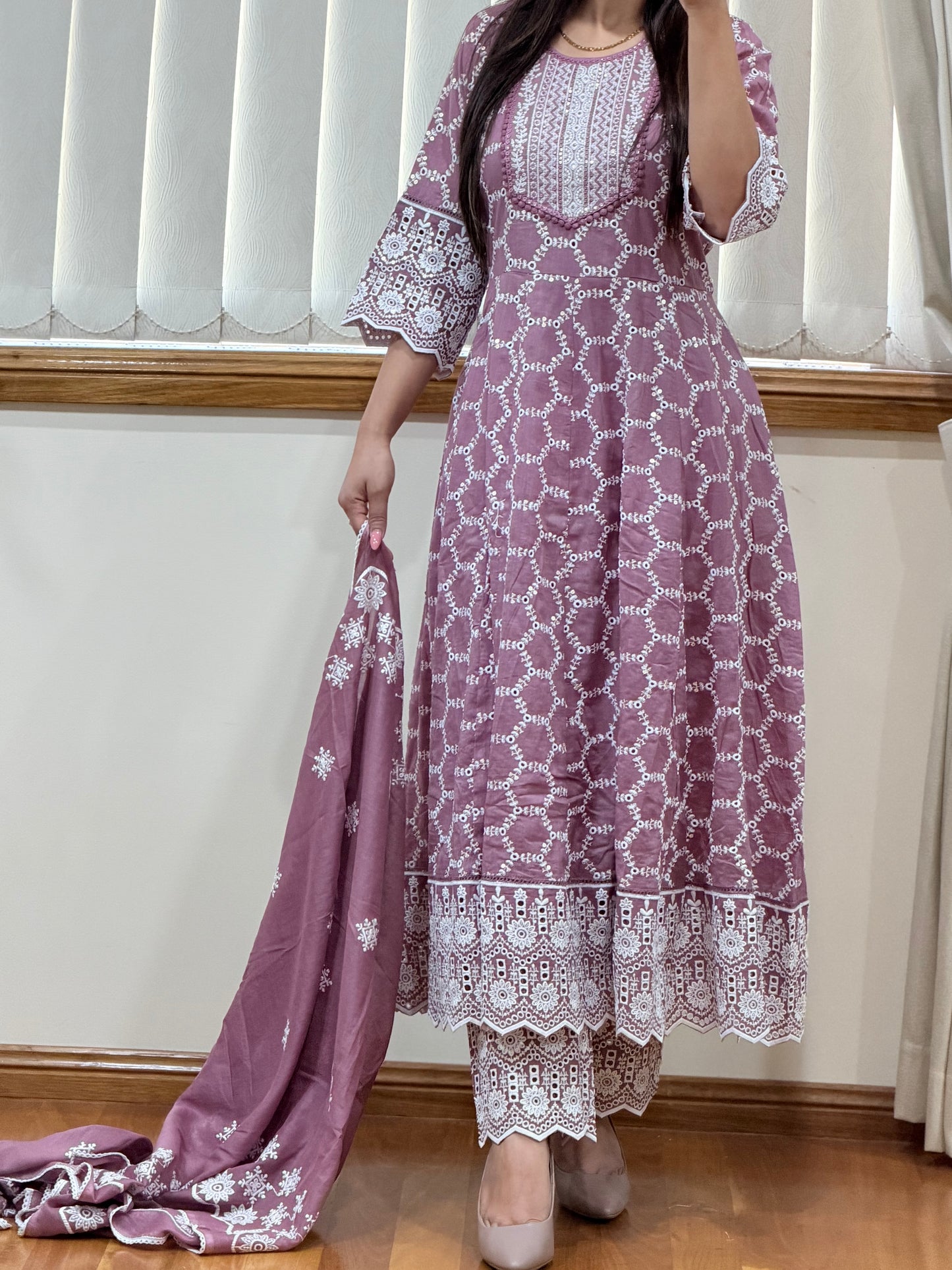 Pure cotton chikankari anarkali suit