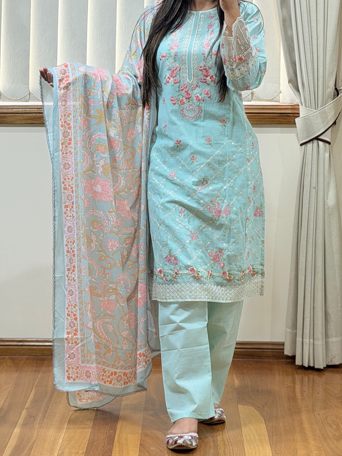 Pastel Mint Embroidered Cotton Suit