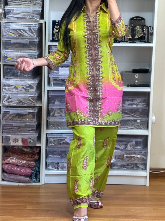 Premium Chinon Mirror Work Cord Set with Digital Print Bottom