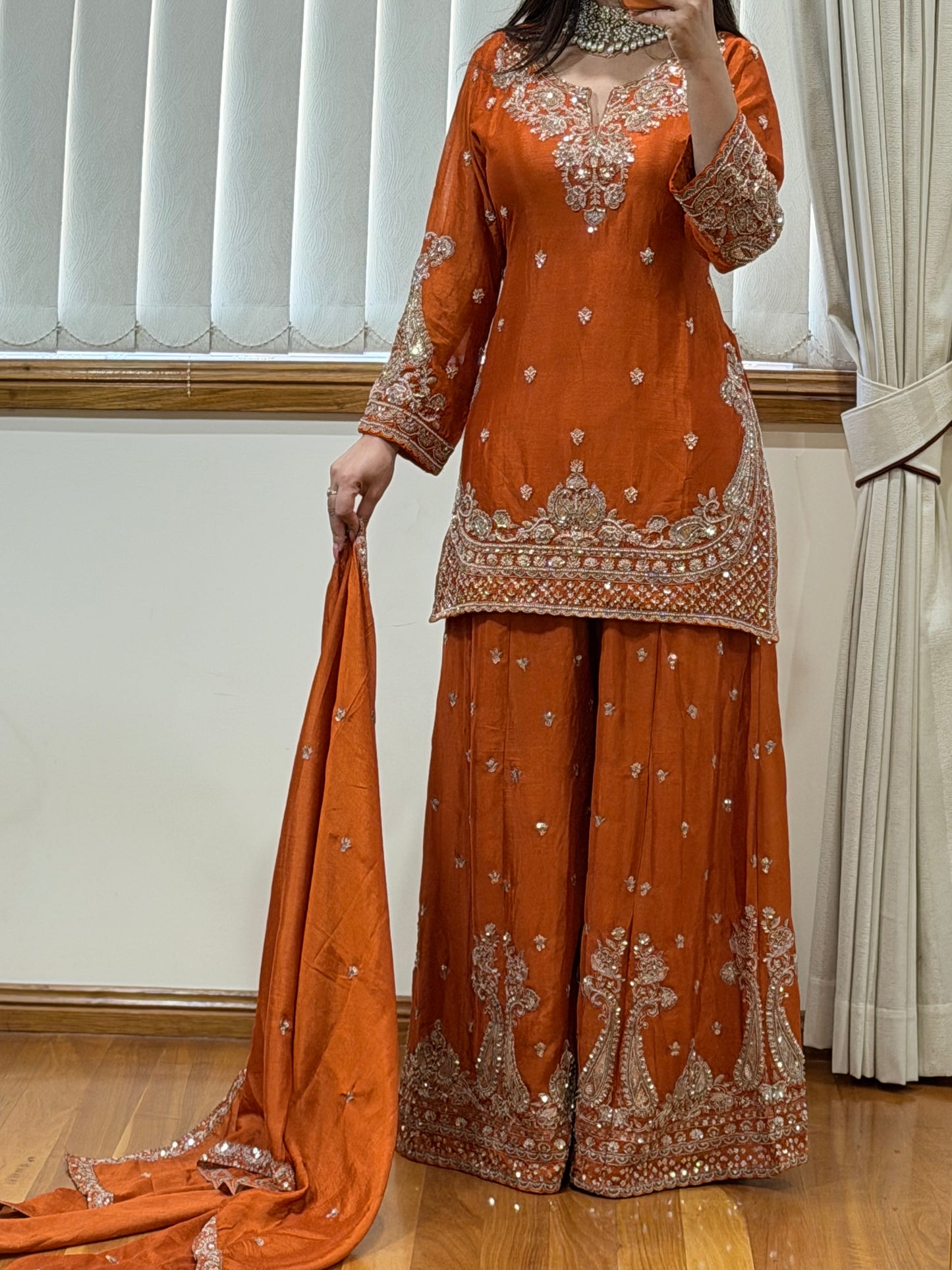 Premium Chinon Silk Sharara Set (Ready size 42 with margin upto 46)