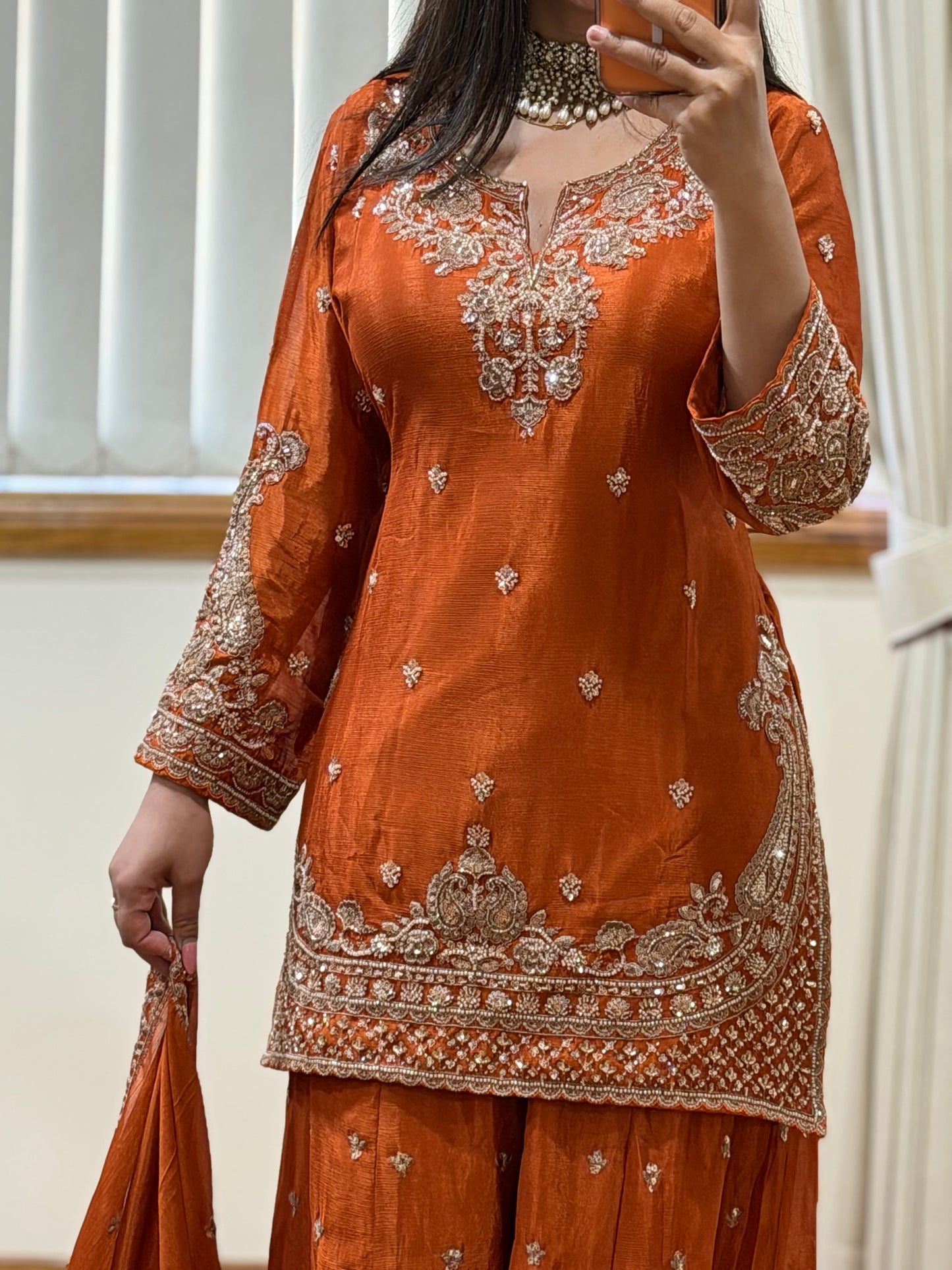 Premium Chinon Silk Sharara Set (Ready size 42 with margin upto 46)
