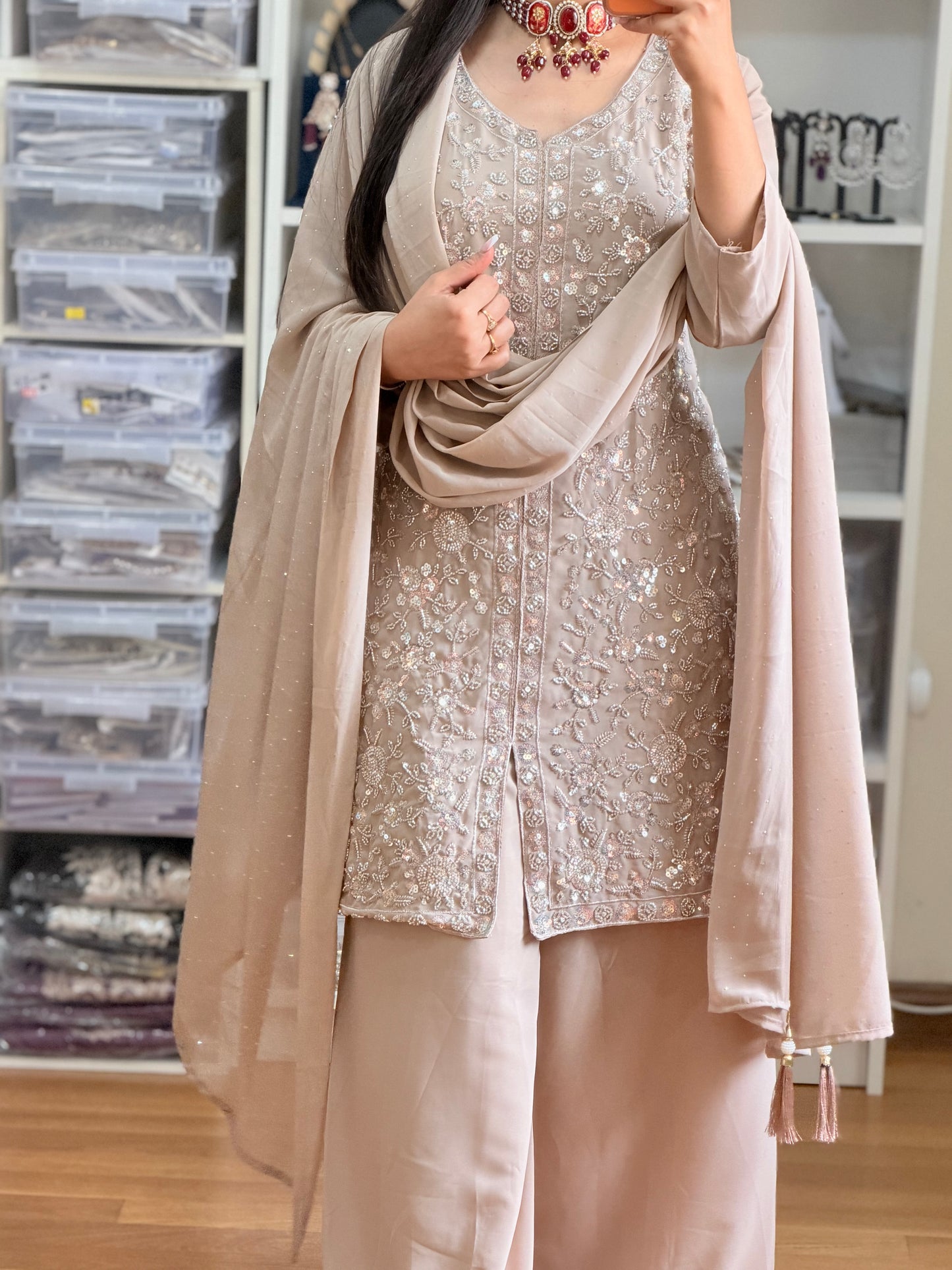 Georgette Heavy Embroidery Sharara Suit(Soft Champagne Beige)