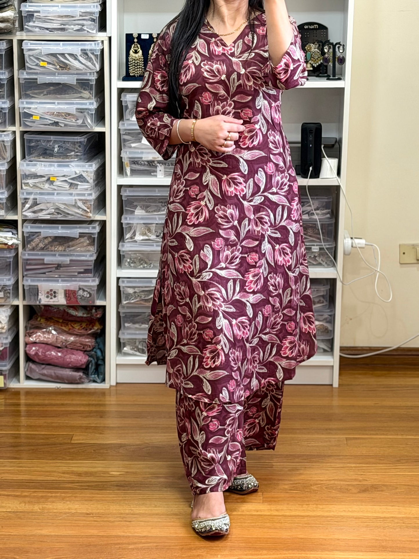 Beautiful wine maroon cotton cord set with elegant floral print 💕