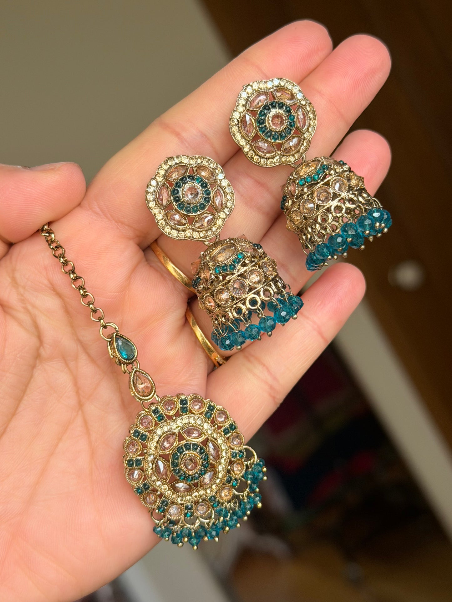 Polki jhumki tikka set (Turquoise)