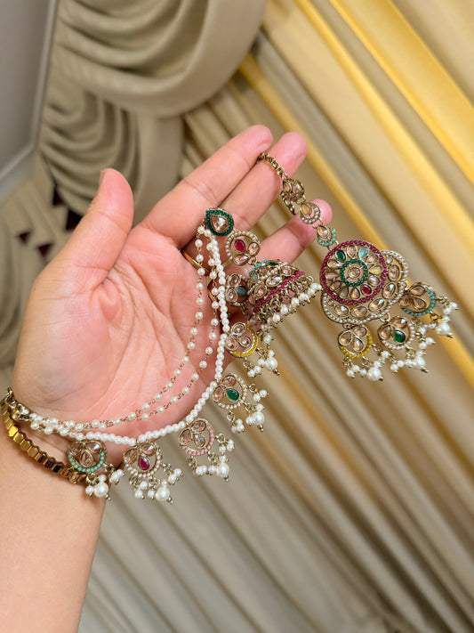 Polki Jhumki Set with 3-Layer Sahare & Tikka