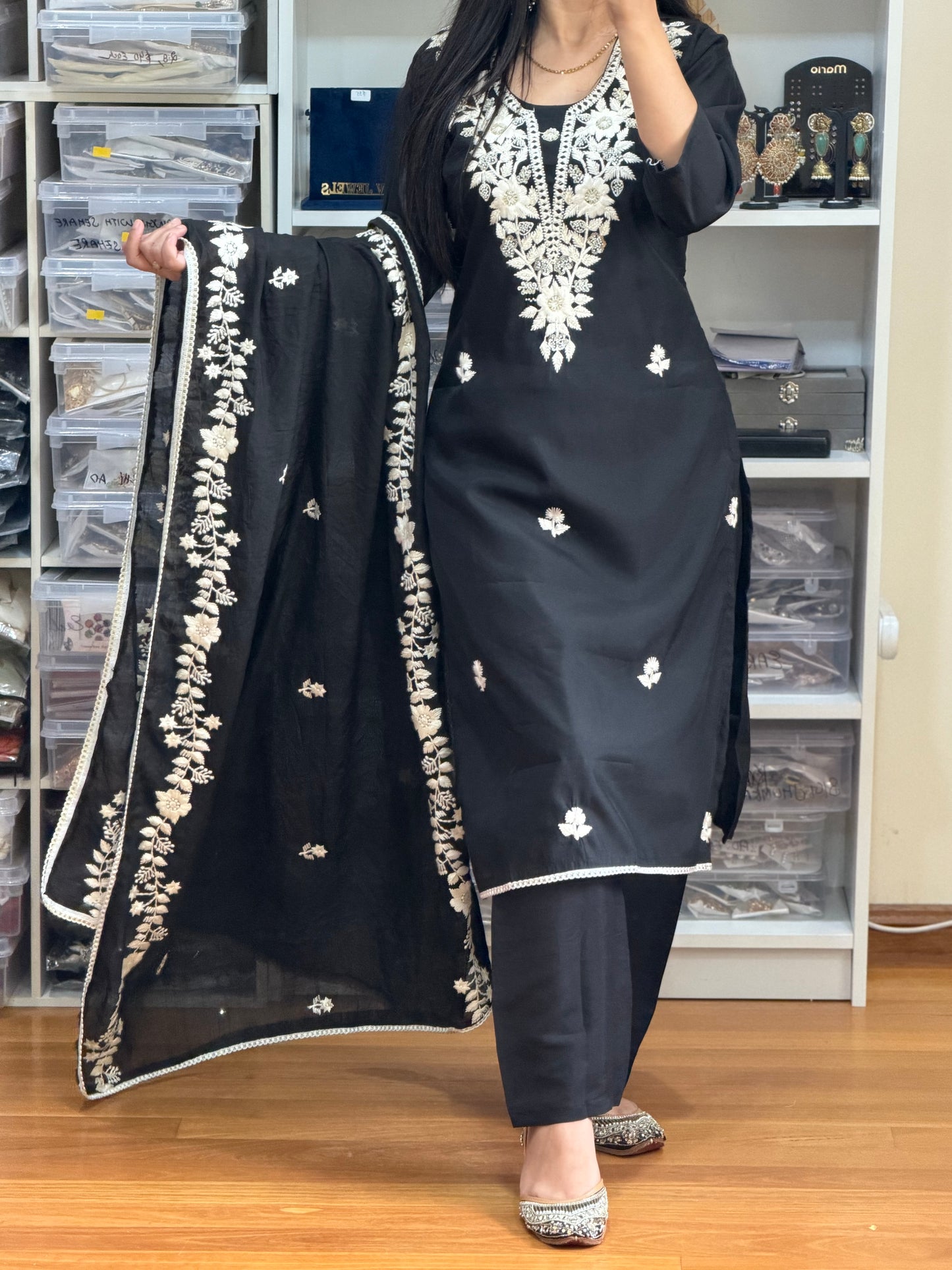 Elegant Black Roman Silk Suit with Heavy Embroidery