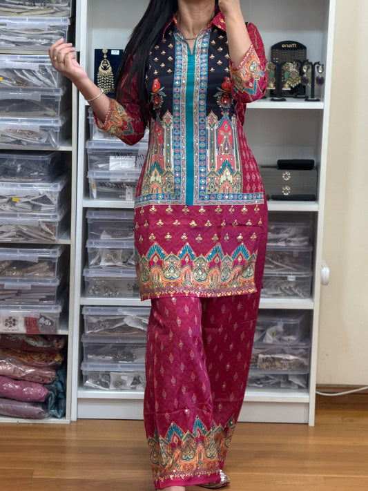 Premium Chinon Mirror Work Cord Set with Digital Print Bottom