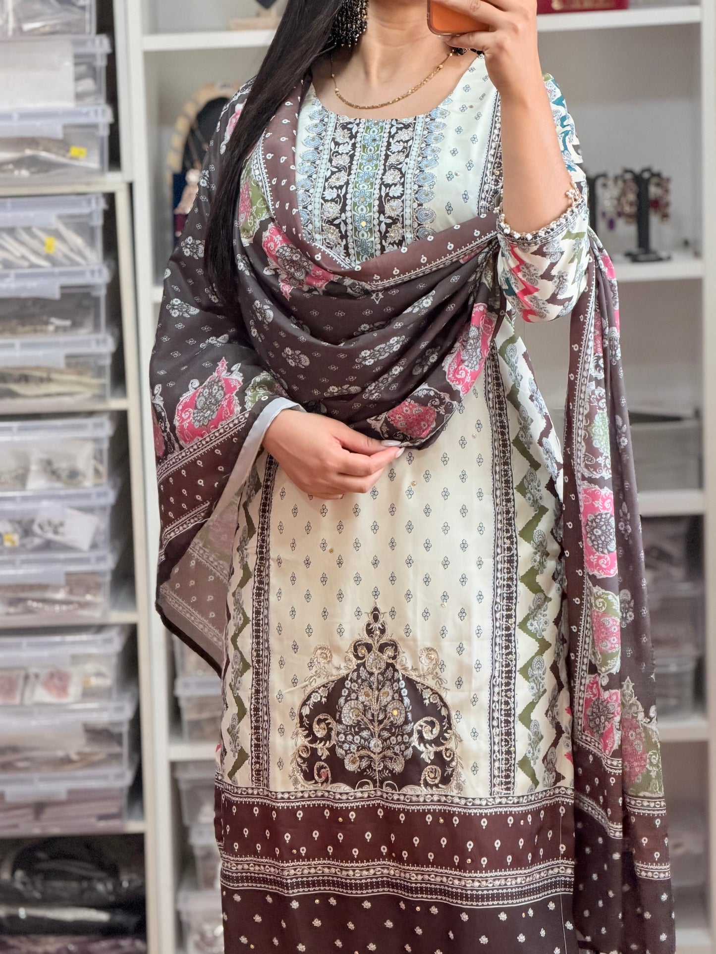 Cream / Off-White  Printed Crepe Silk Suit with Mirror & Tilla