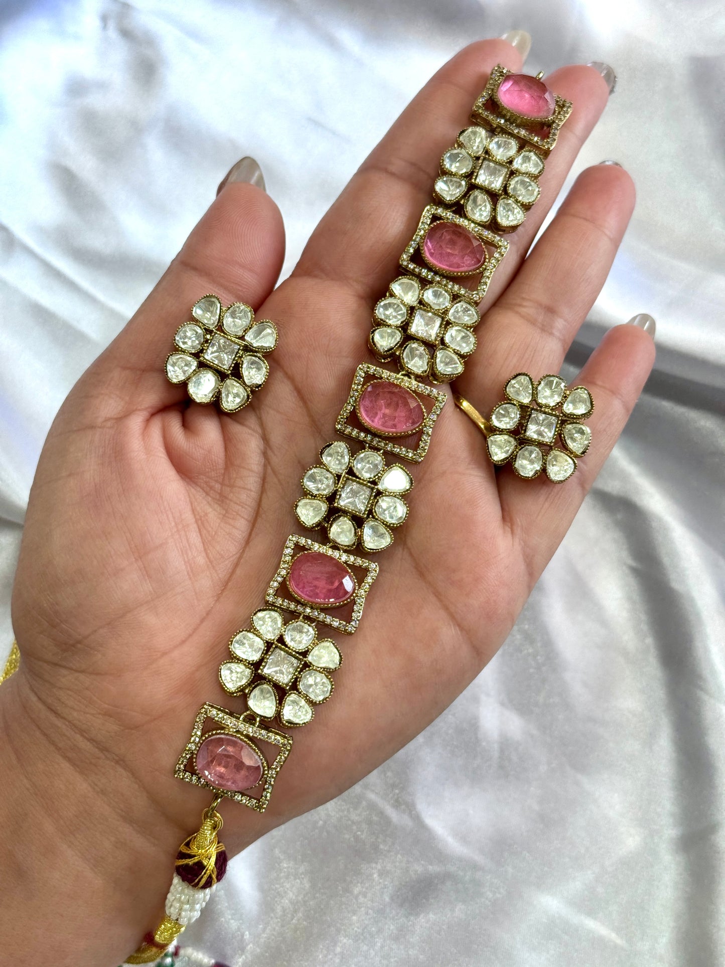 Premium moissanite necklace set(Baby pink)