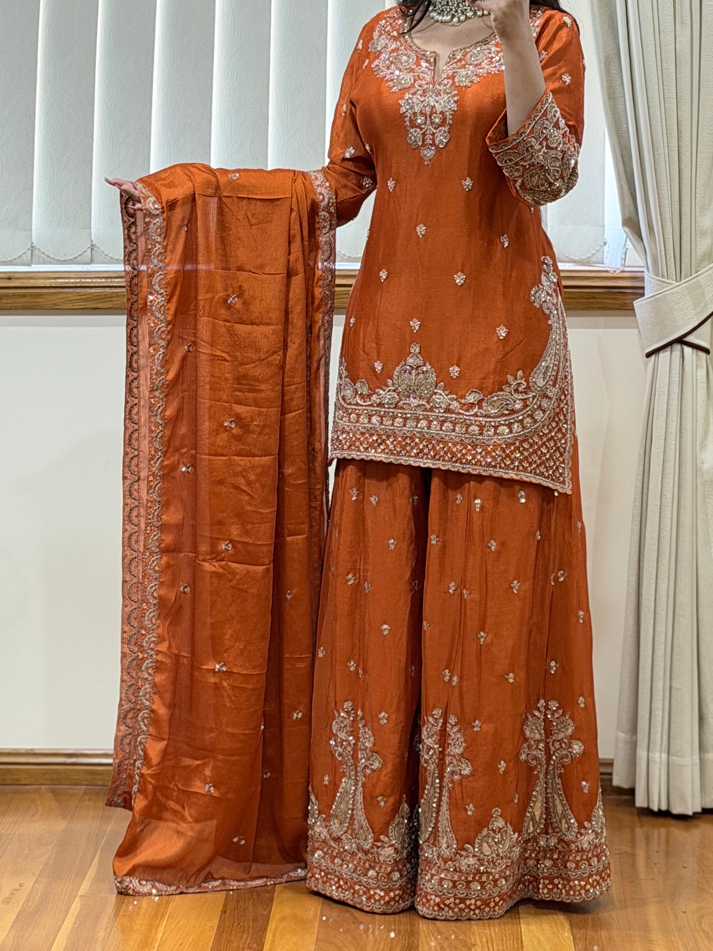Premium Chinon Silk Sharara Set (Ready size 42 with margin upto 46)