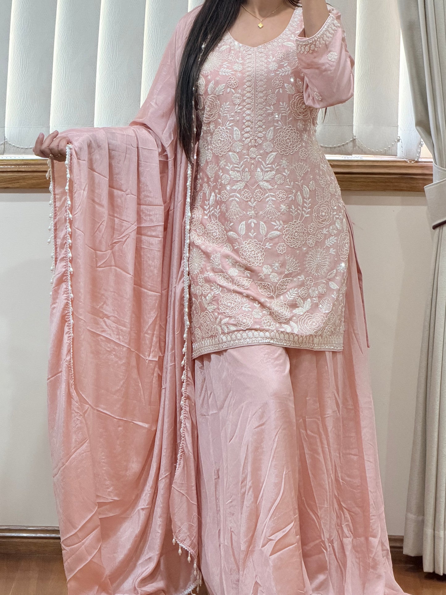Premium Pure Chinon Heavy Beads Work Sharara Suit(Pastel Pink / Blush Pink)