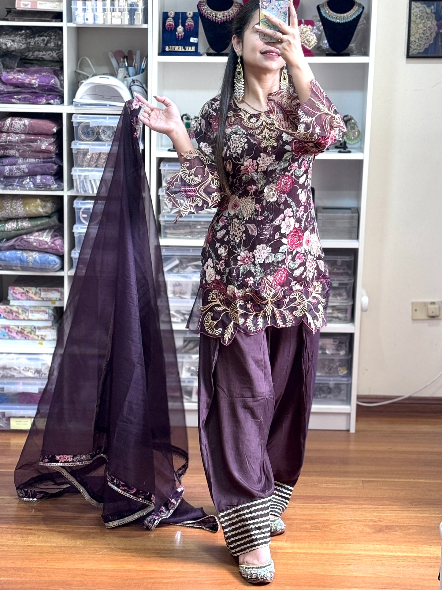 Pure Chinon with heavy patch work farshi salwar suit