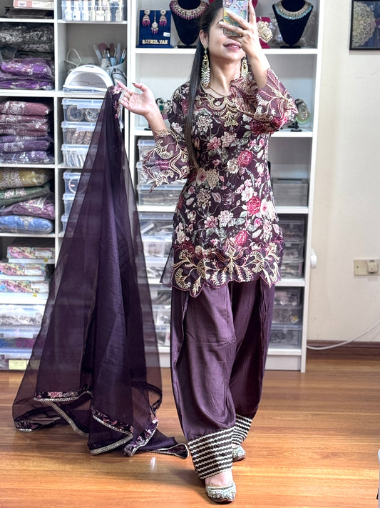 Pure Chinon with heavy patch work farshi salwar suit