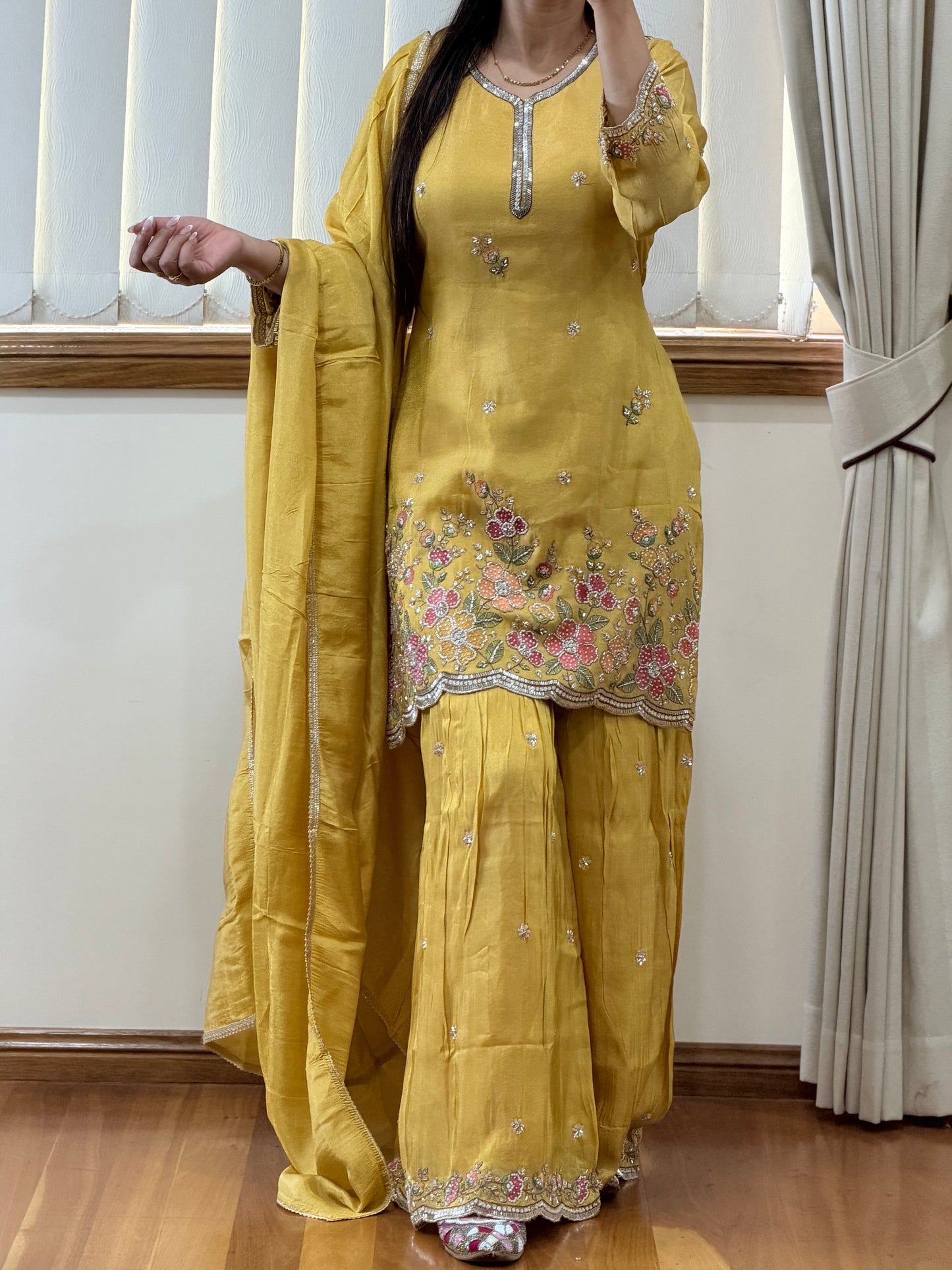 Premium Handwork Yellow Gharara Suit (Ready Size 38 withMargin Up to 40)
