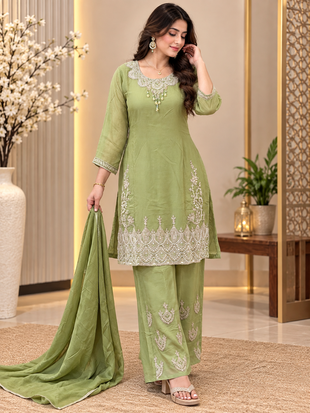 ✨ Premium Natural Satin Embroidered Suit