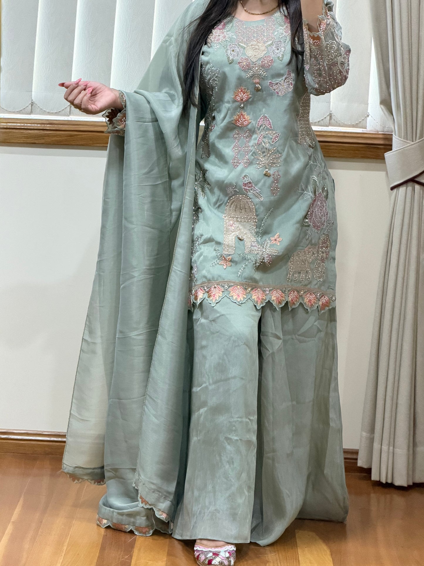 Premium Shimmer Silk Embroidered Suit Set with Sharara( Ready size 42 with margin upto 44)