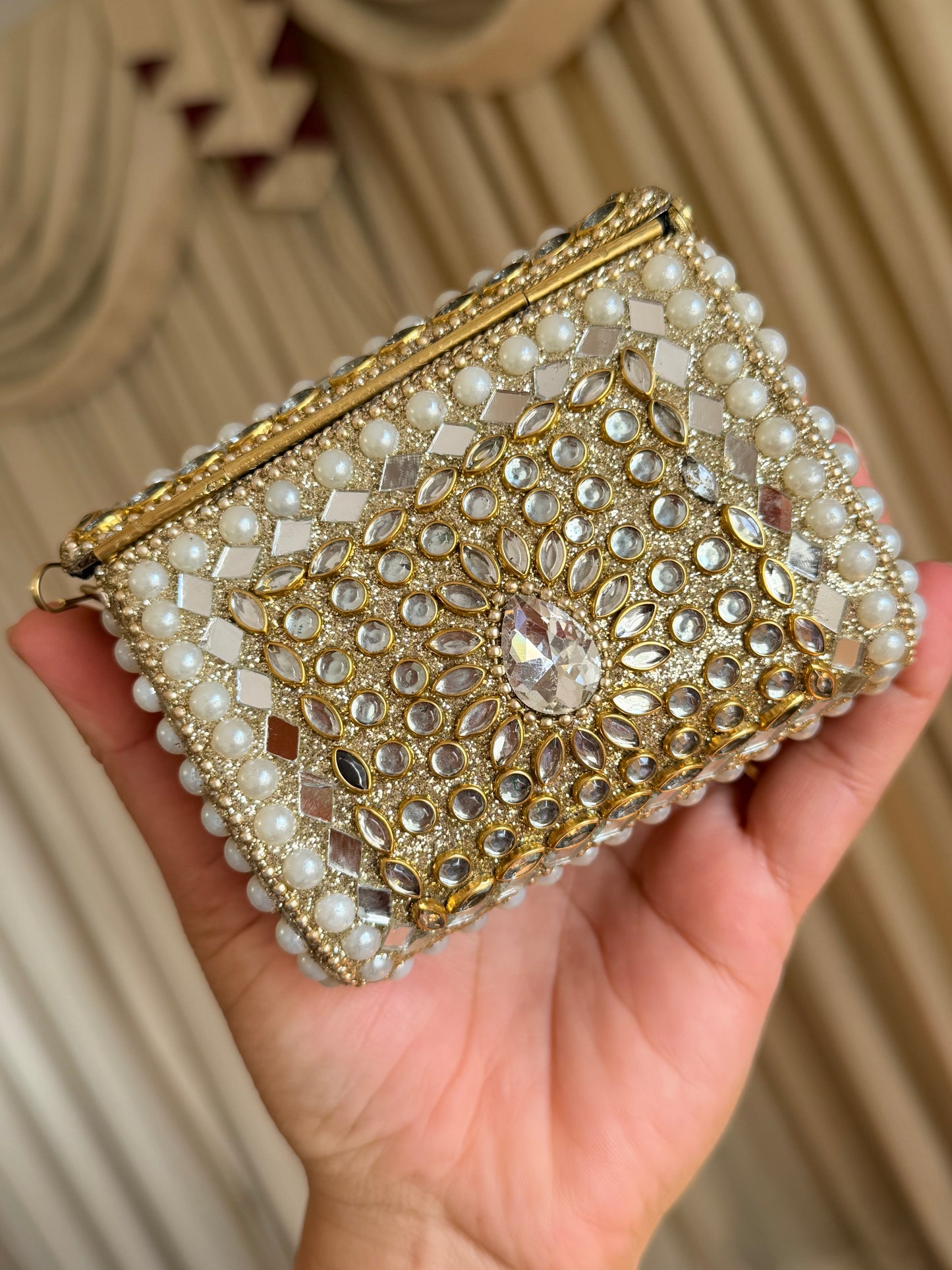 Mini kundan brass clutch with sling