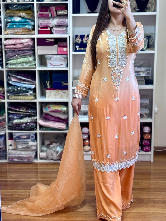 Chinon silk with heavy handwork sherara suit