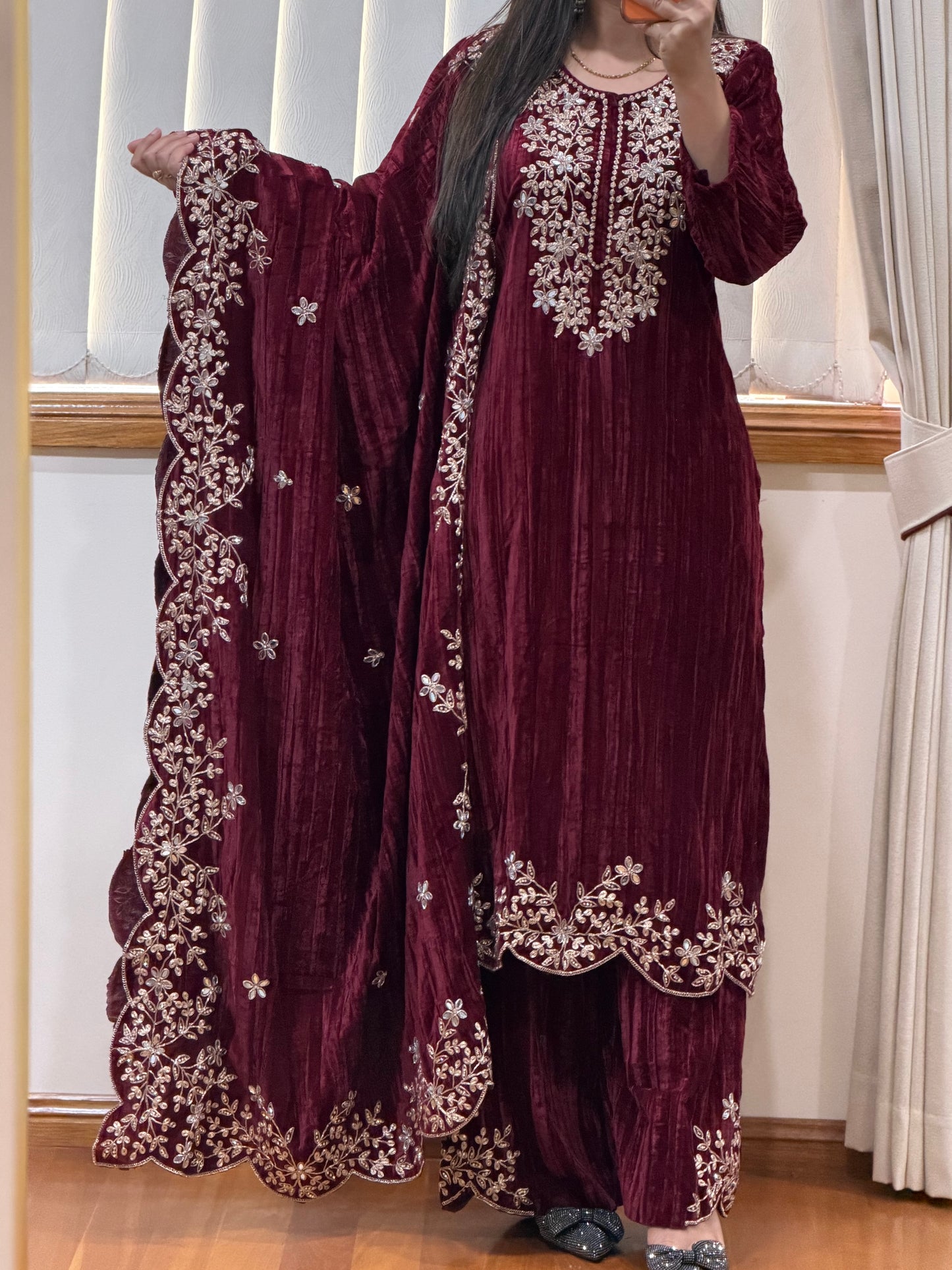 Wrinkled Velvet Suit(Dark wine)