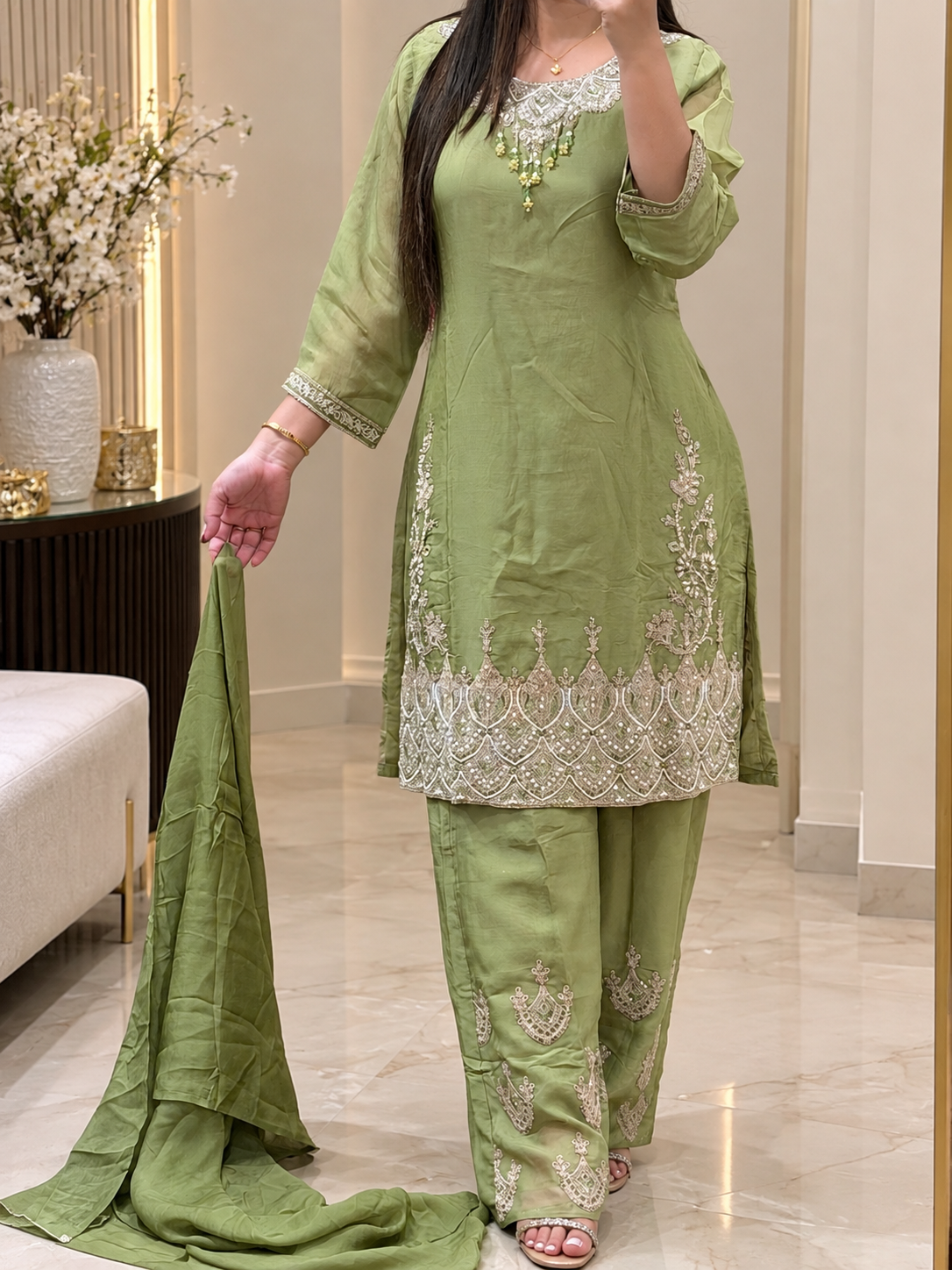 ✨ Premium Natural Satin Embroidered Suit