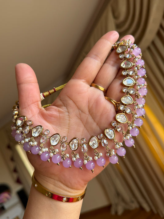 Premium tyani with polki necklace set( lavender )