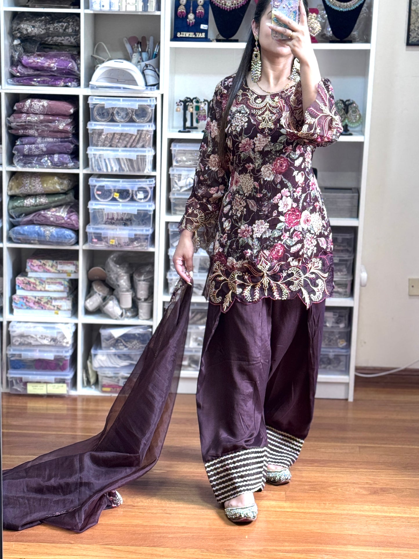 Pure Chinon with heavy patch work farshi salwar suit