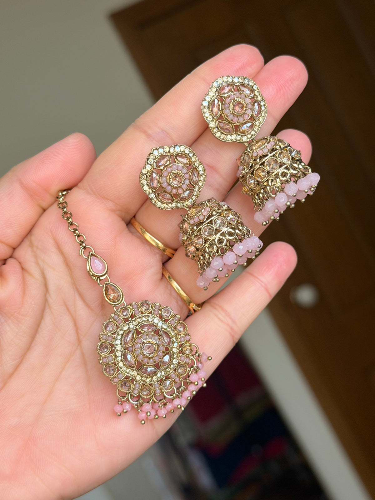 Polki jhumki tikka set (Baby pink)