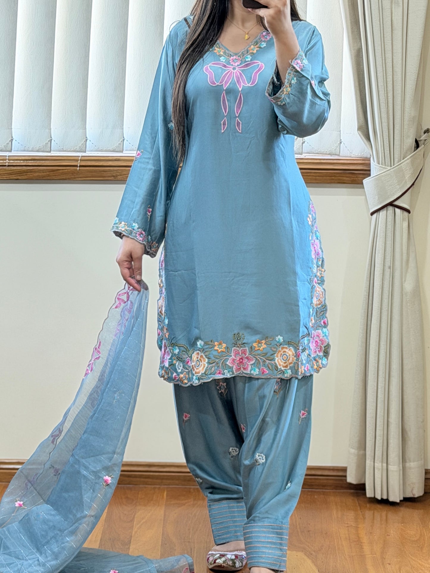 Premium Satin Rayon Embroidered Suit Set with Farshi Salwar