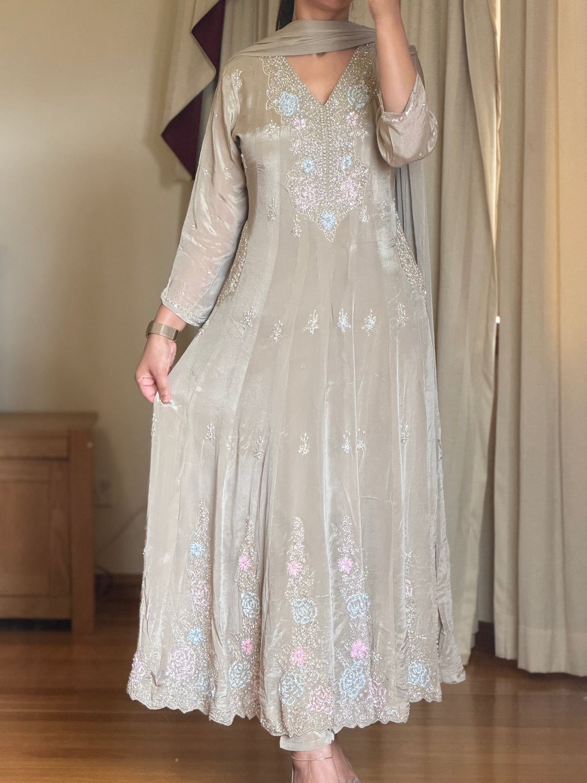 Premium Sage Grey Embroidered Frock Suit with Chiffon Dupatta