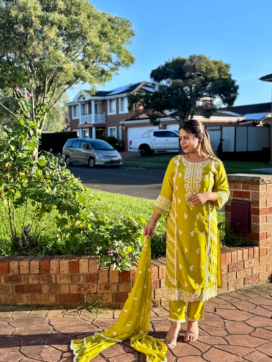 Lucknowi Work Kurti With STRAIGHT Palazzo And CHIFFON Dupatta