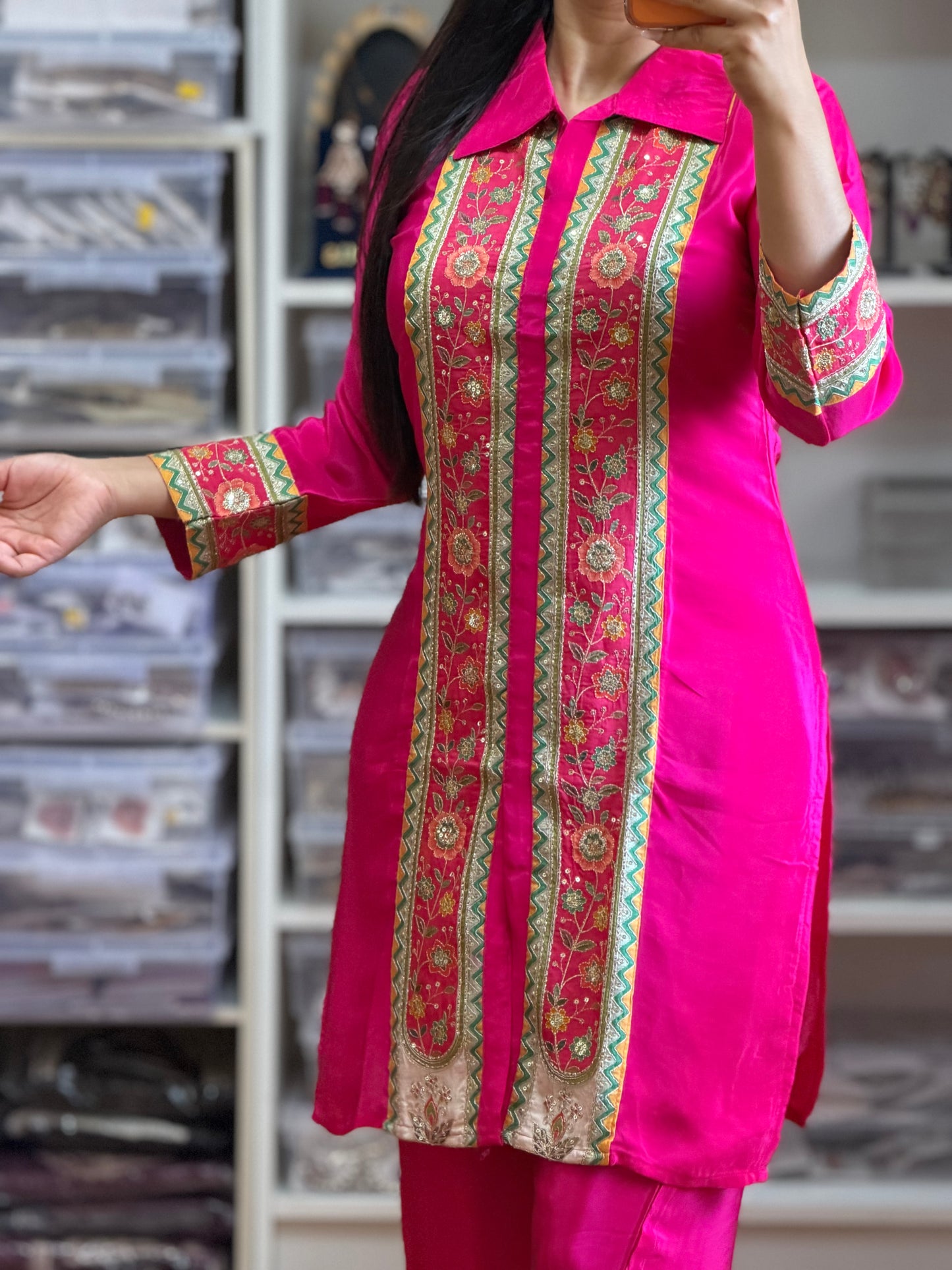 💖 Hot Pink Designer Co-ord Set – Statement Collar Neck Style 💖