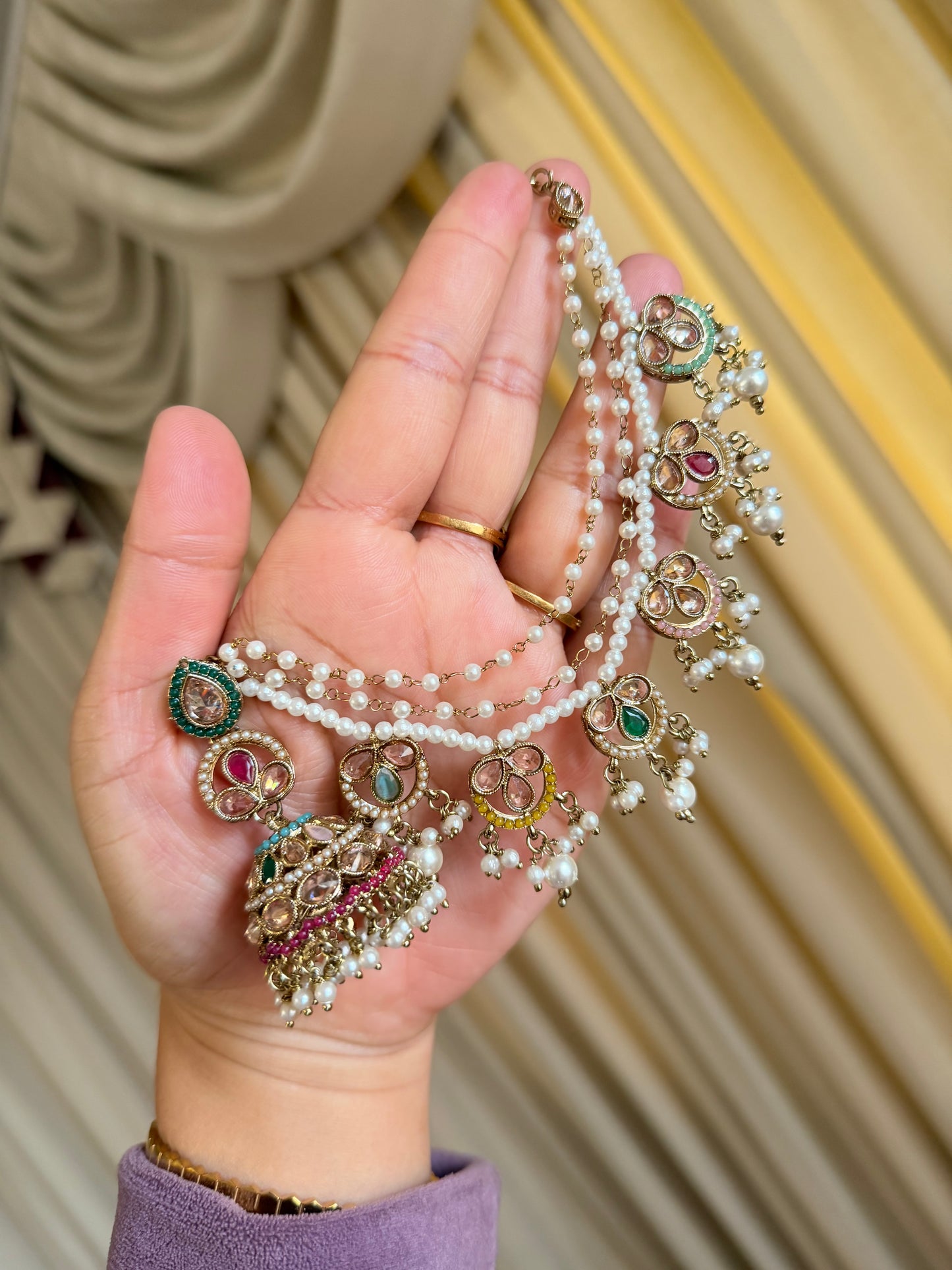 Polki Jhumki Set with 3-Layer Sahare & Tikka