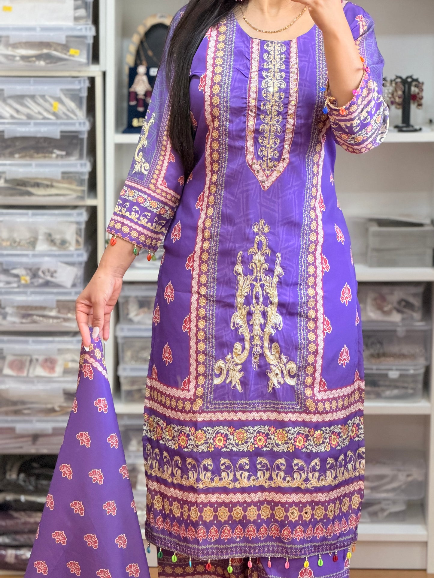 Lavender Digital Printed Crepe Silk Suit with Mirror & Tilla Work