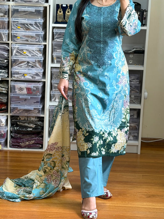 Elegant Cotton Pakistani Suit with Neck Patch & Digital Print