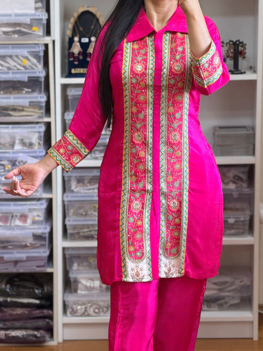 💖 Hot Pink Designer Co-ord Set – Statement Collar Neck Style 💖